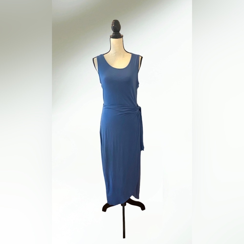 Calvin Klein Midi Sheath Wrap Dress Jersey Knit in Blue Size Medium